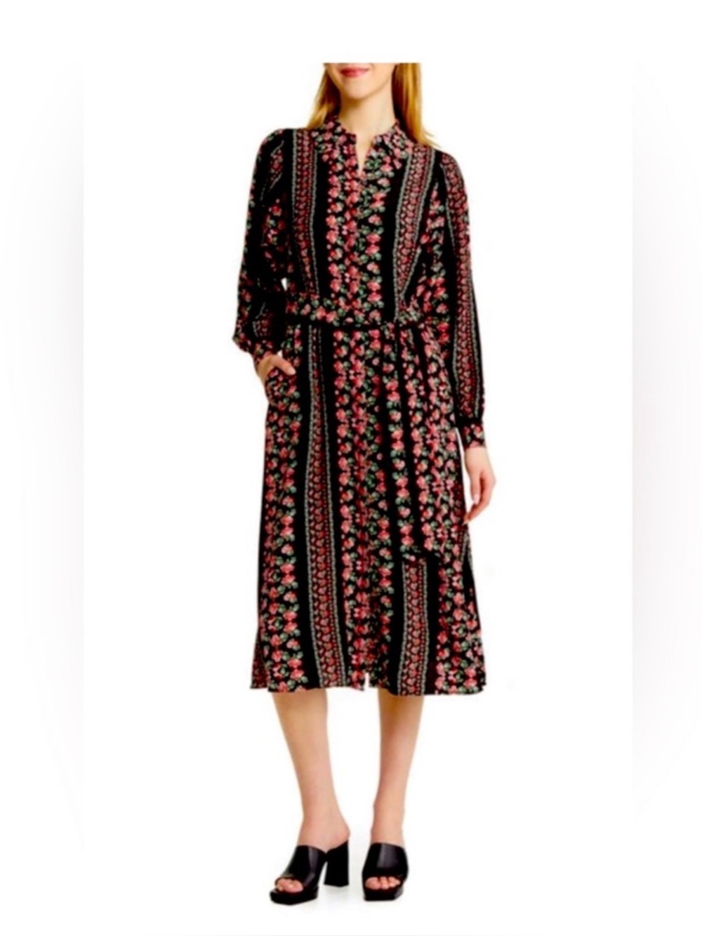 Boden Midi Shirt Dress 2 Black Floral Long Sleeve Button Dress With Belt.